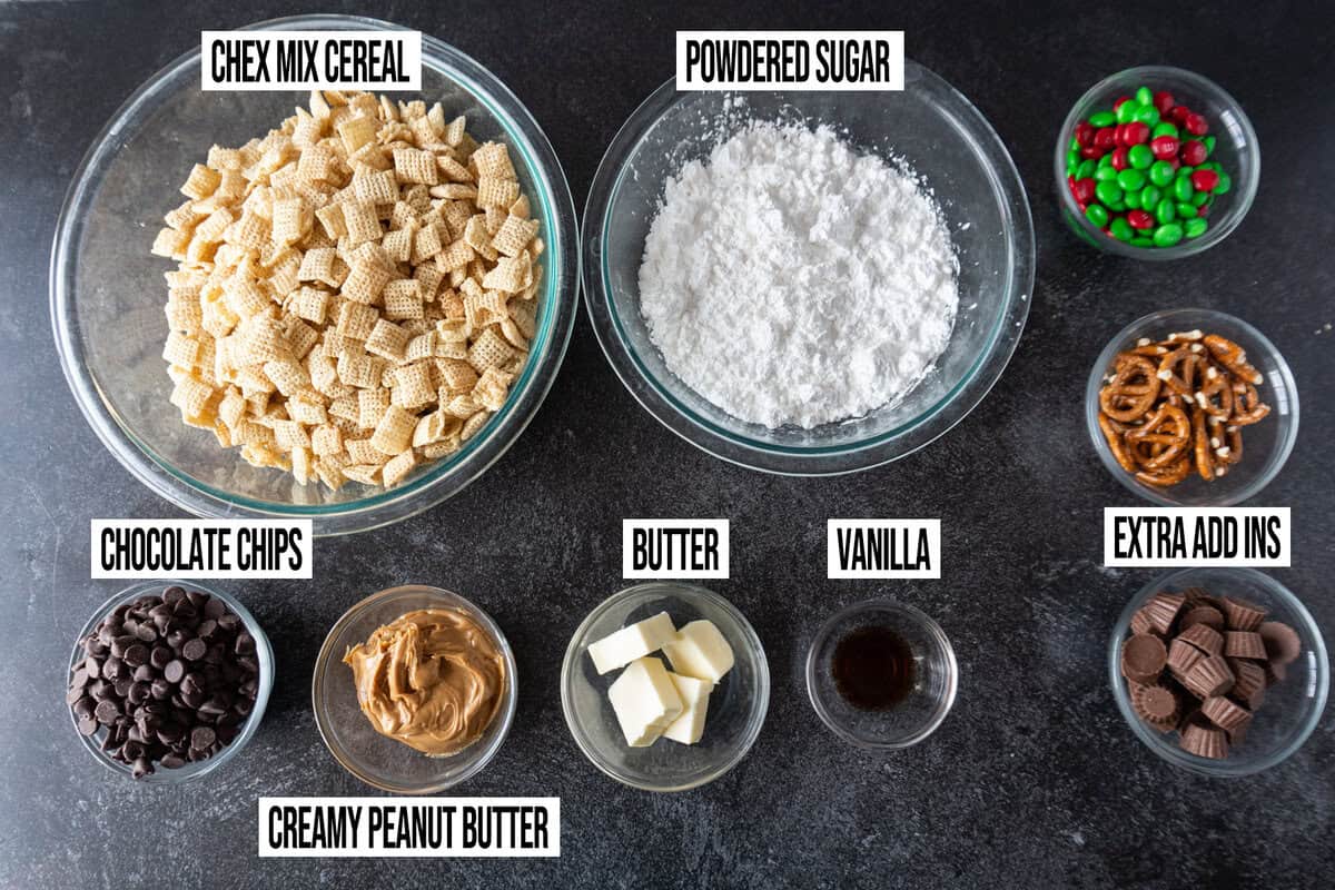 ingredients for Christmas Muddy Buddies in bowls