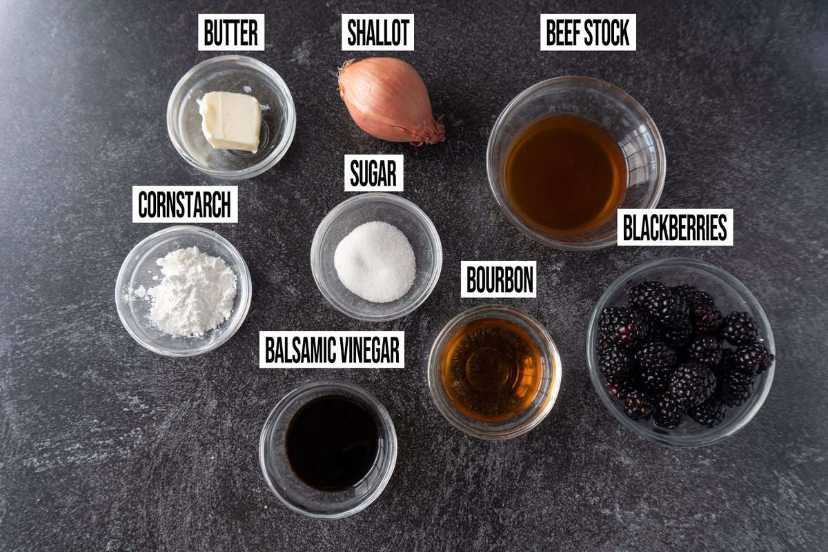 blackberry sauce ingredients in bowls.