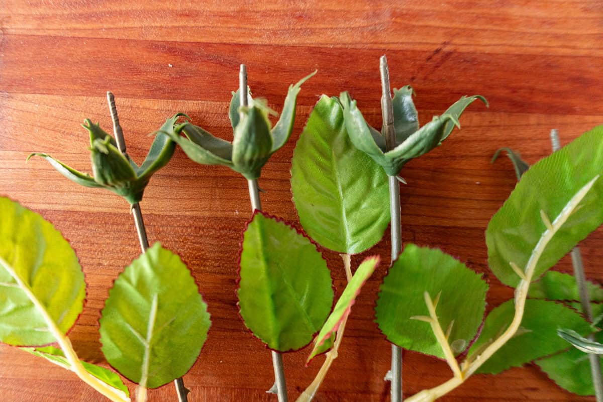 fake rose stems with roses petals removed.