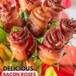 bacon bouquet wrapped in red cellophane pinterest pin.