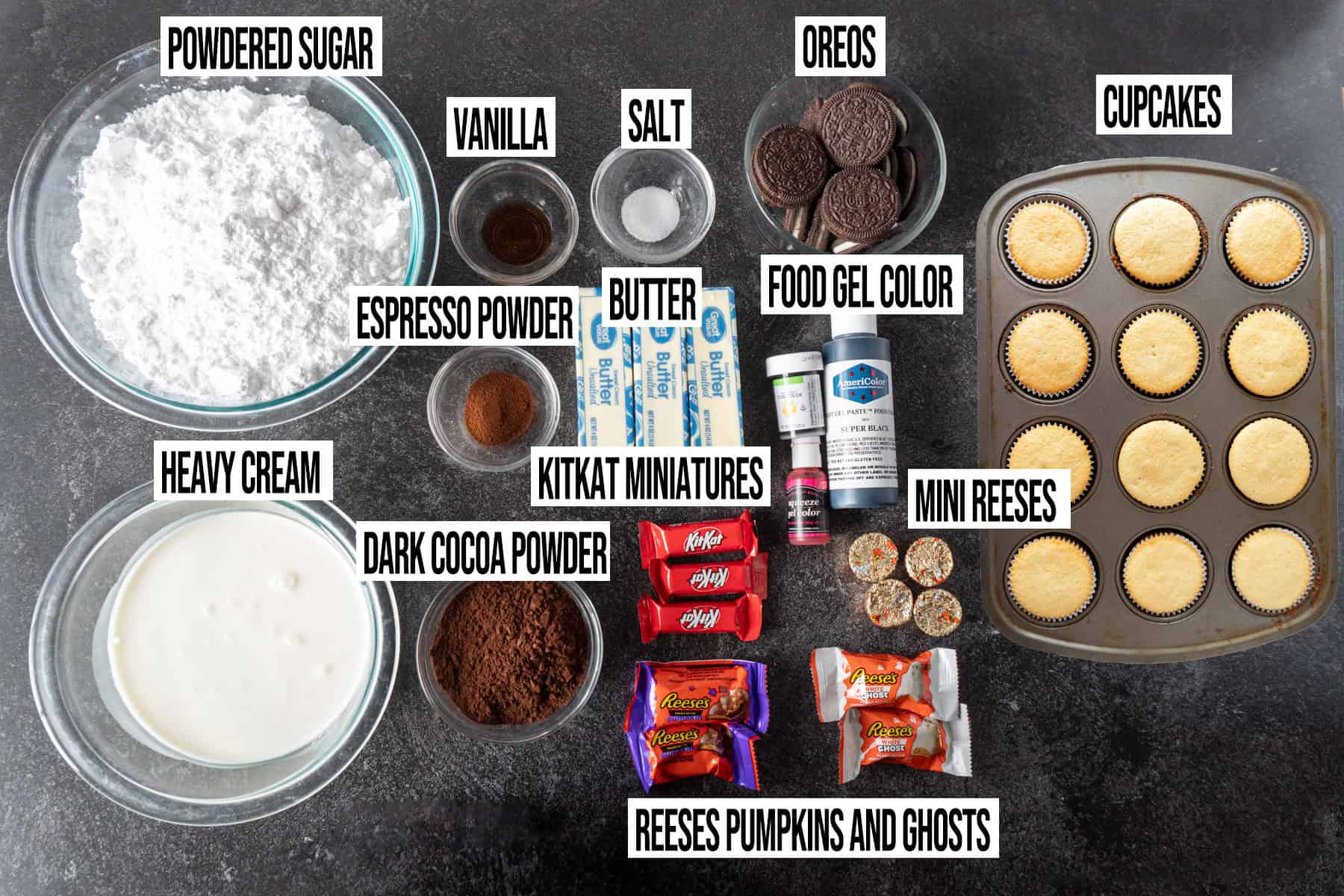 Halloween Cupcakes ingredients in individual bowls and labeled.