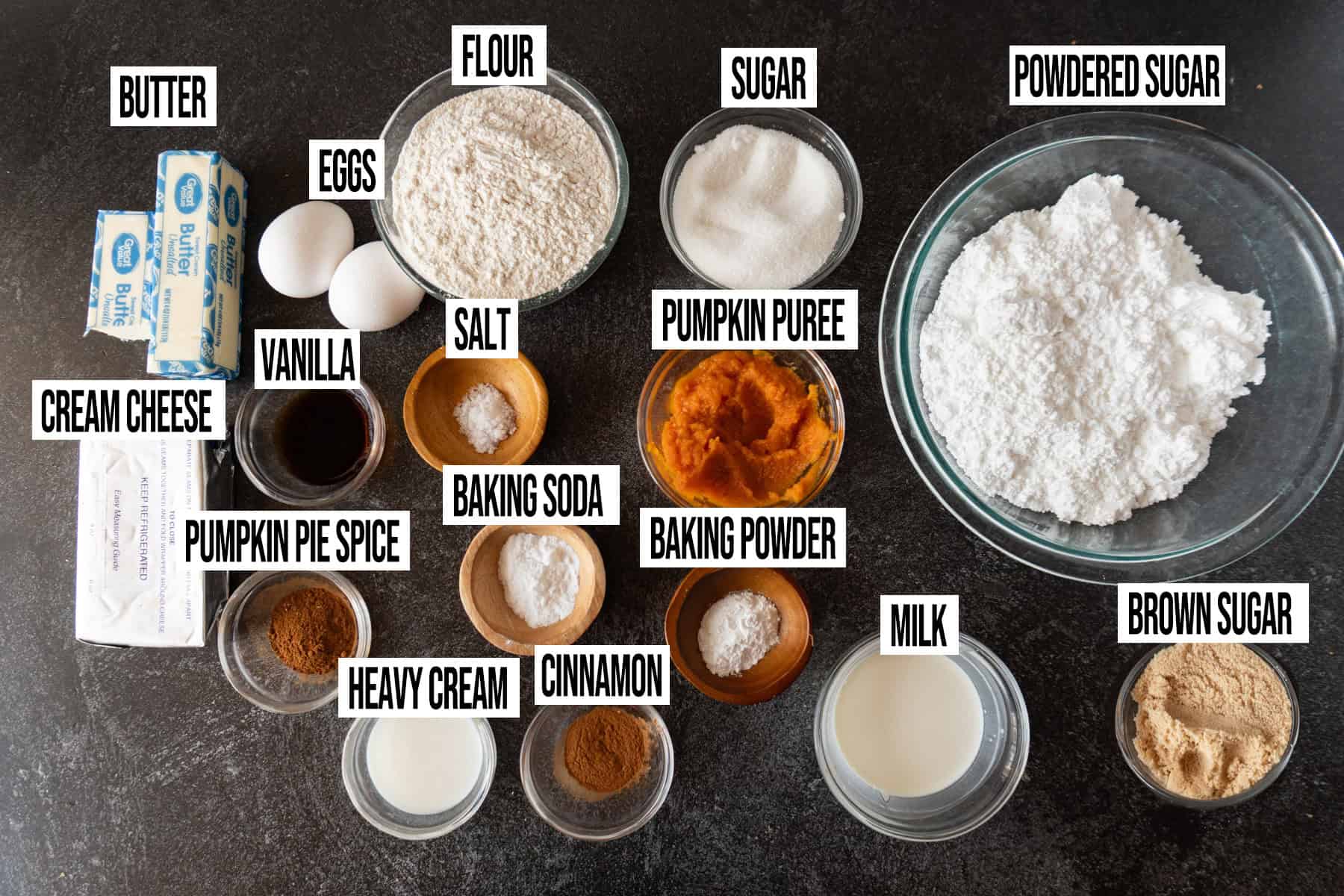 Pumpkin Bread with Cream Cheese ingredients laid out and in individual bowls and labeled.