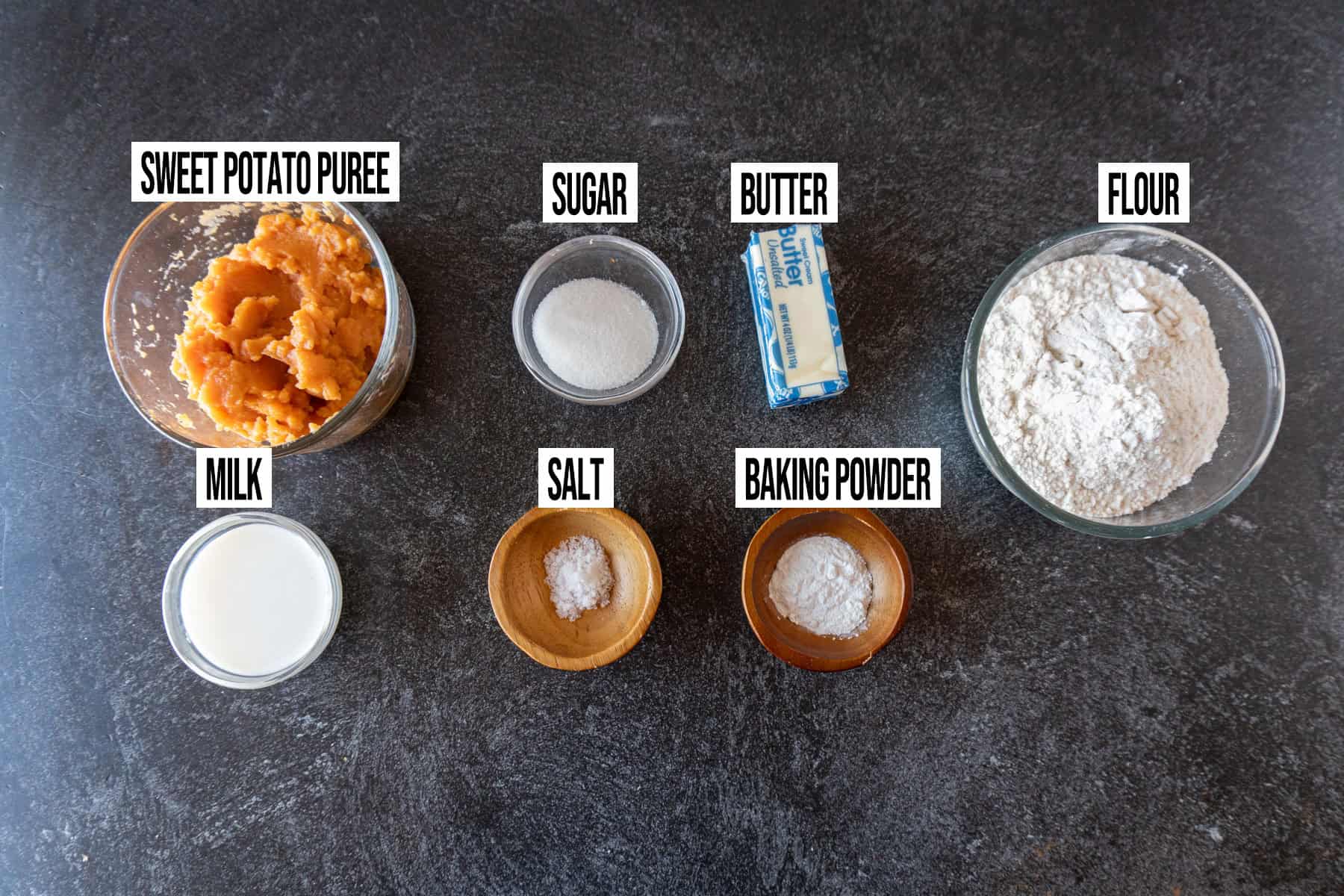 Sweet Potato Biscuits ingredients laid out and in individual bowls and labeled.